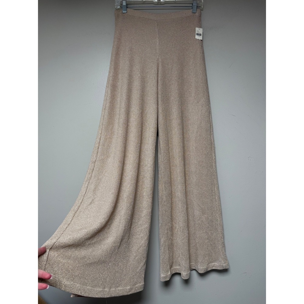 Feather Bone‎ Anthropologie Metallic Gold Knit Wide Leg Pants Champagne Small